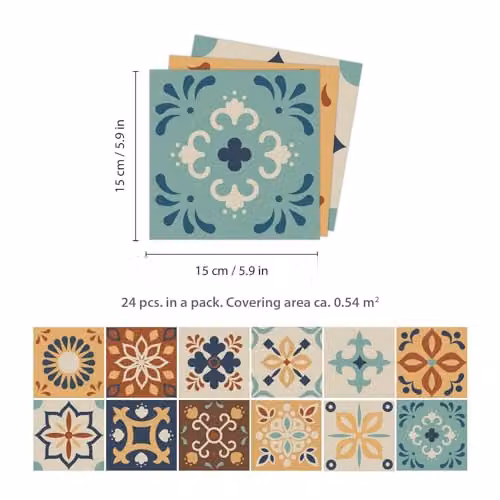 WALPLUS 24 Piece Moroccan Geometric Tile Stickers in Brown and Blue, 15 cm Square Self-Adhesive Vinyl Wall Decals – 3