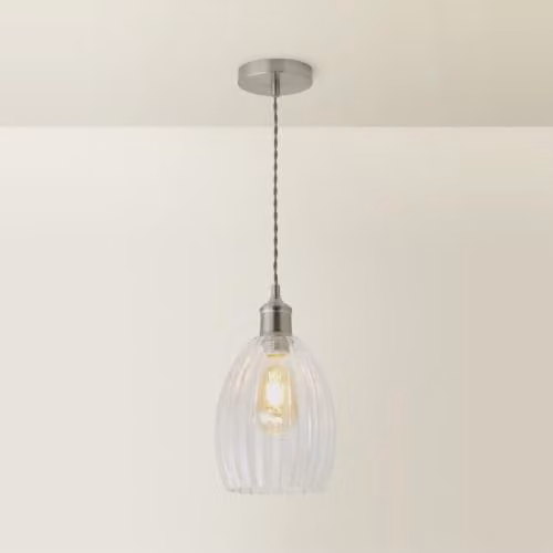 ValueLights Cheltenham Brushed Chrome and Transparent Ribbed Glass Dome Pendant Ceiling Light with Bulb