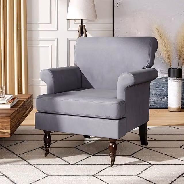 Livingandhome Classic Velvet Armchair with Armrests and Solid Wood Frame in Grey