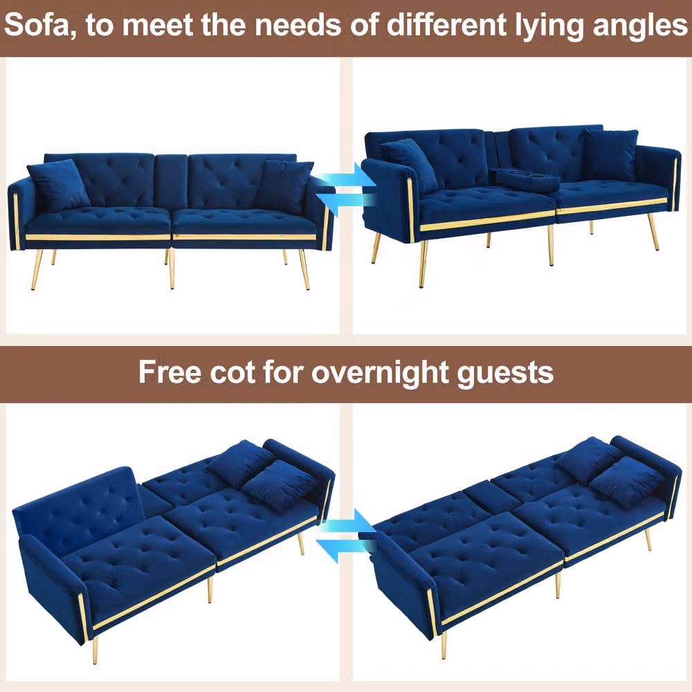 ModernLuxe Blue Velvet 2-Seater Convertible Sofa Bed with Adjustable Headrest and Cup Holders, W/D/H: 140 x 190 x 76 cm – 7