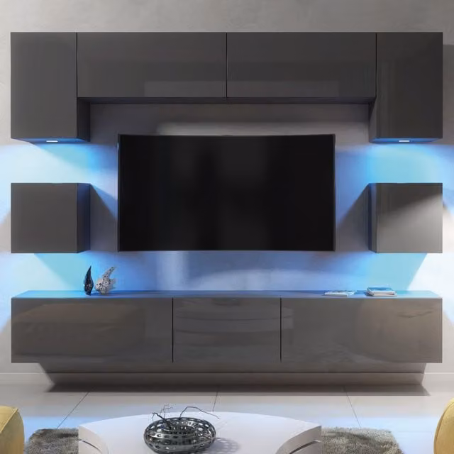 Creative Furniture Panorama Wall TV Unit in Grey with Glossy Hinged Doors and Integrated Lighting, W/D/H: 242 x 35 x 42 cm – 1