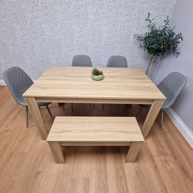 Kosy Koala Modern Rectangular Dining Table Set with Stitched Chairs and Bench in Grey and Oak