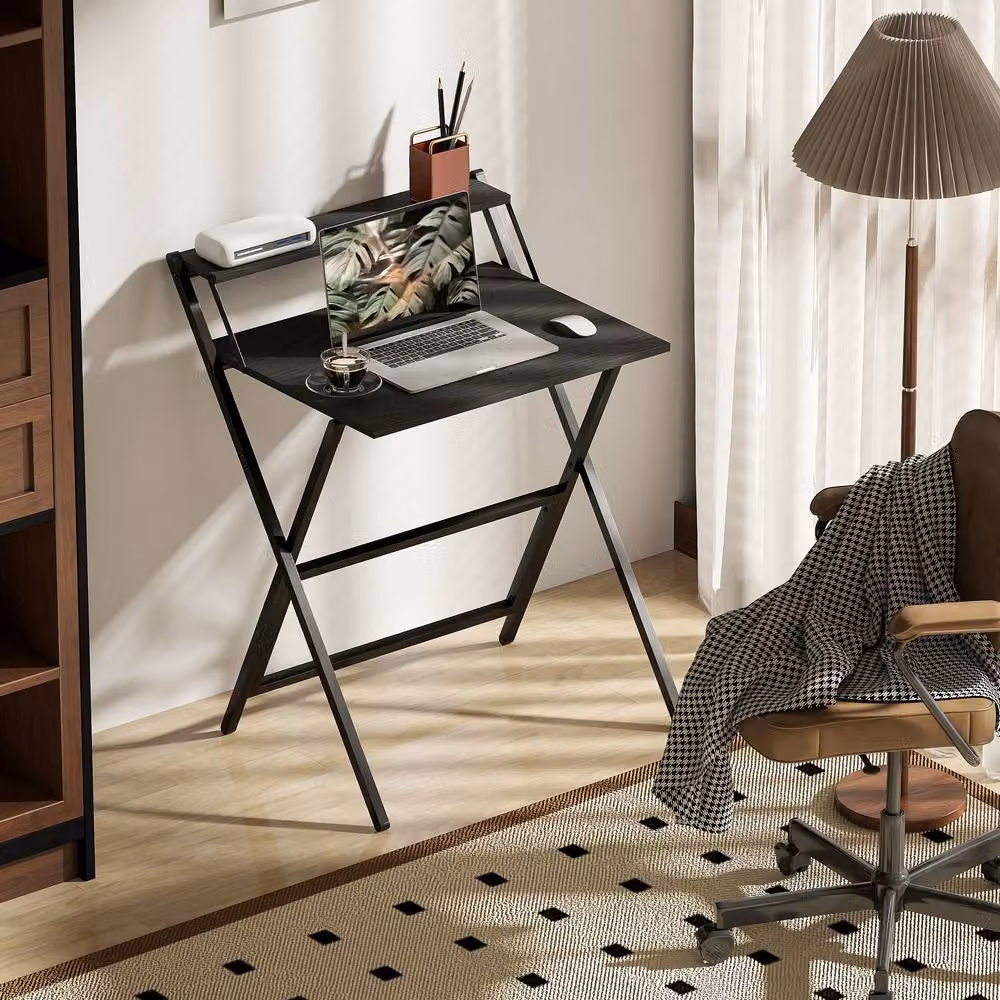 STILVORA Modern Black Metal Desk with Monitor Shelf and Folding Frame – 3