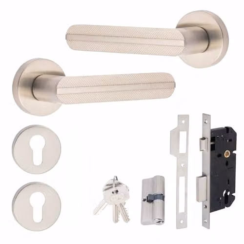 Golden Grace Lima Knurled Euro Lock Door Handles and Key Lock Set in Nickel Plated Silver