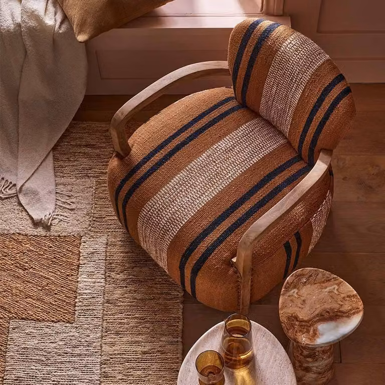 Atkin and Thyme Aviator Armchair in Striped Cotton Fabric with Mango Wood and Metal Details in Black, White and Brown