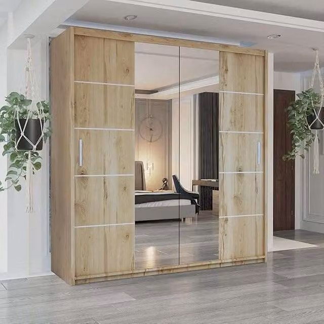 Sliding Wardrobes 4U Modern Sliding Wardrobe with Integrated LED Light in Light Oak, W: 180 cm, H: 217 cm, D: 62 cm – 1