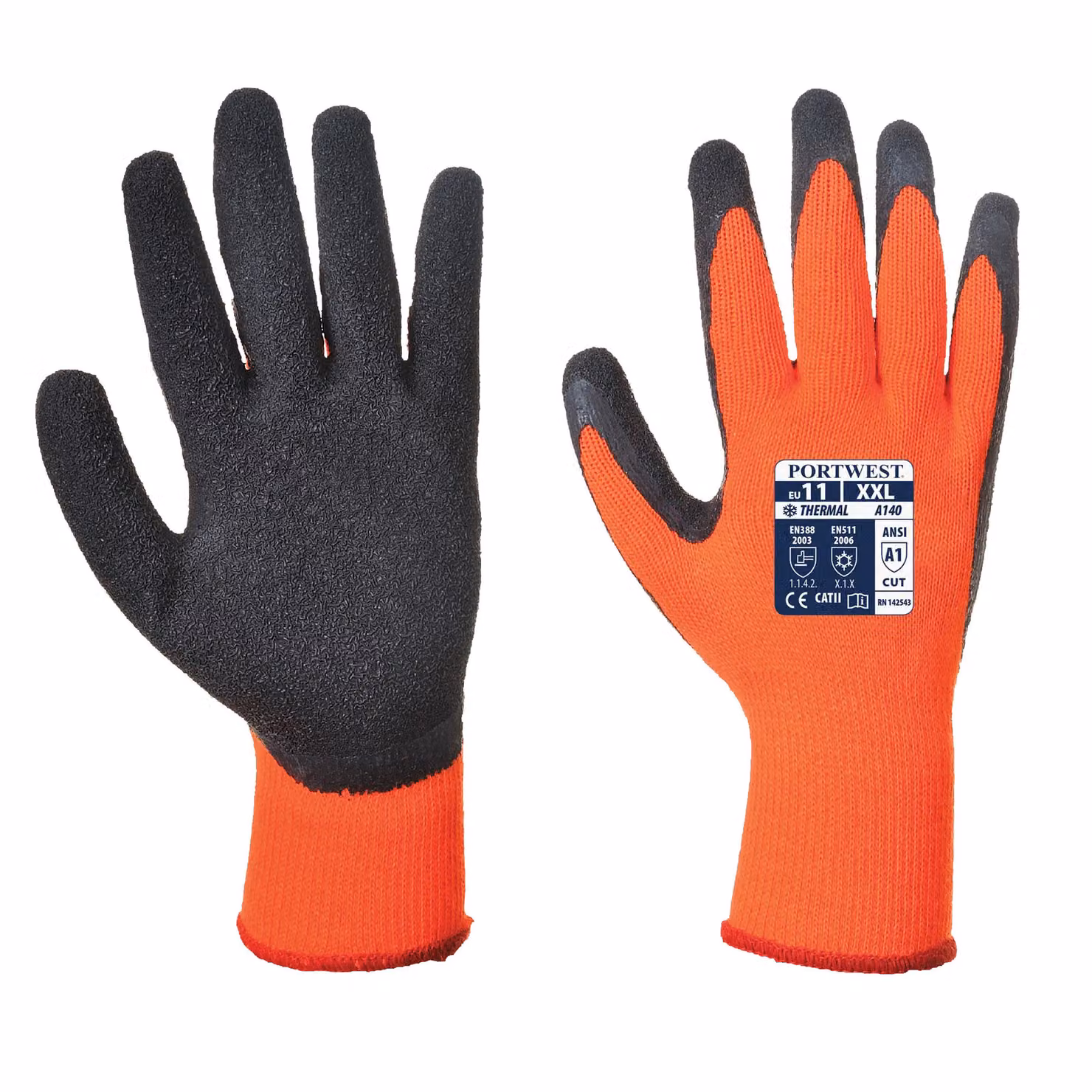 Portwest Thermal Grip Latex Gloves in Orange and Black, Size: Large – 2