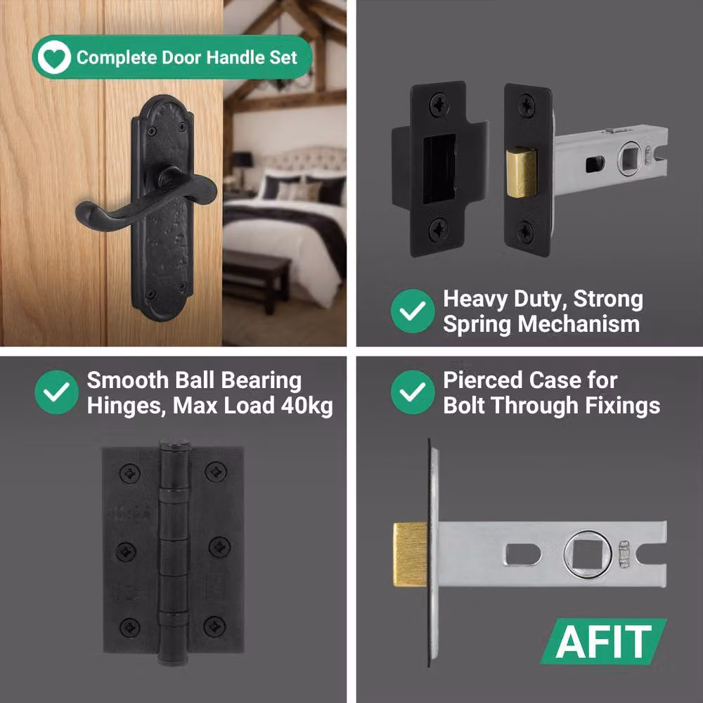 AFIT Black Antique Cast Iron Door Handle and Latch Set with Hinges, Matt Finish, W/D/H: 15 x 10 x 1.7 cm – 4