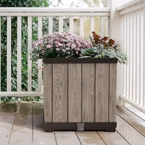 Keter Signature Square Planter in Brown, Self-Watering Plastic Tub for Indoor and Outdoor Use – 3