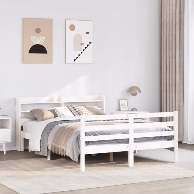 Berkfield Home White Solid Wood Bed Frame with Headboard and Side Compartments, 140 x 200 cm