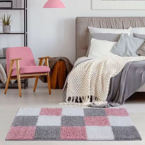 THE RUGS Modern Checked Shaggy Area Rug in Pink and Grey, W/D: 60 x 110 cm – 3