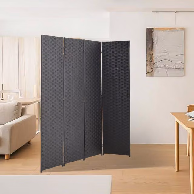 Livingandhome Modern Black Woven-Fibre Foldable Room Divider Partition