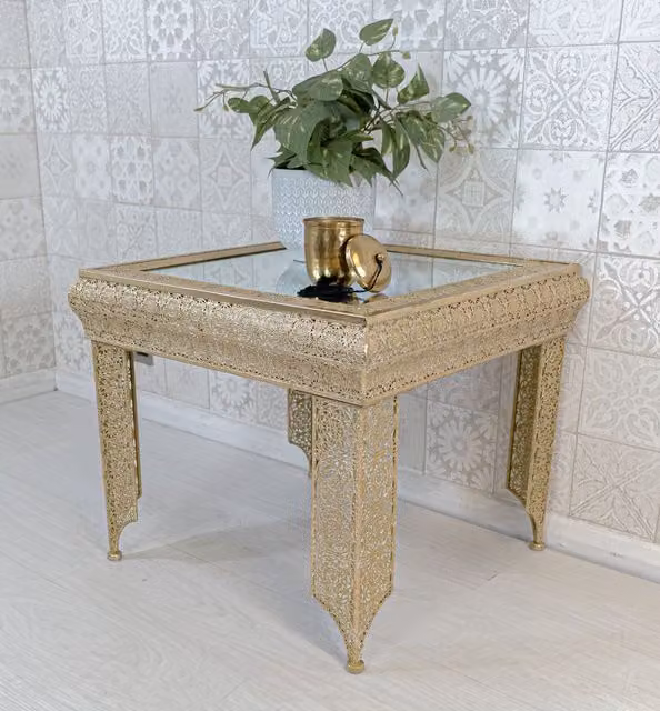 Downton Interiors Agadir Range Gold Embossed Metal and Mirrored Glass Square Side Table