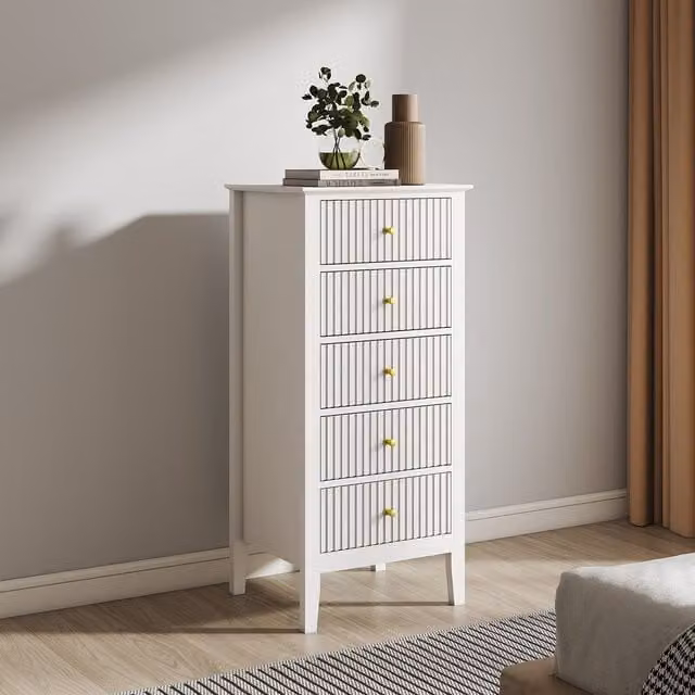 Melody Maison Tall 5 Drawer Bedside Table in White and Beige