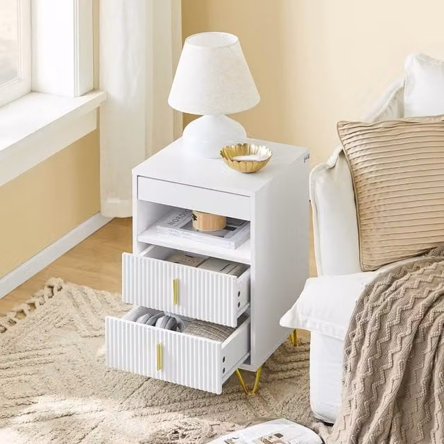 SoBuy Modern 3-Drawer Nightstand with Striped Front and Gold Legs in White, W/D/H: 40 x 40 x 63 cm