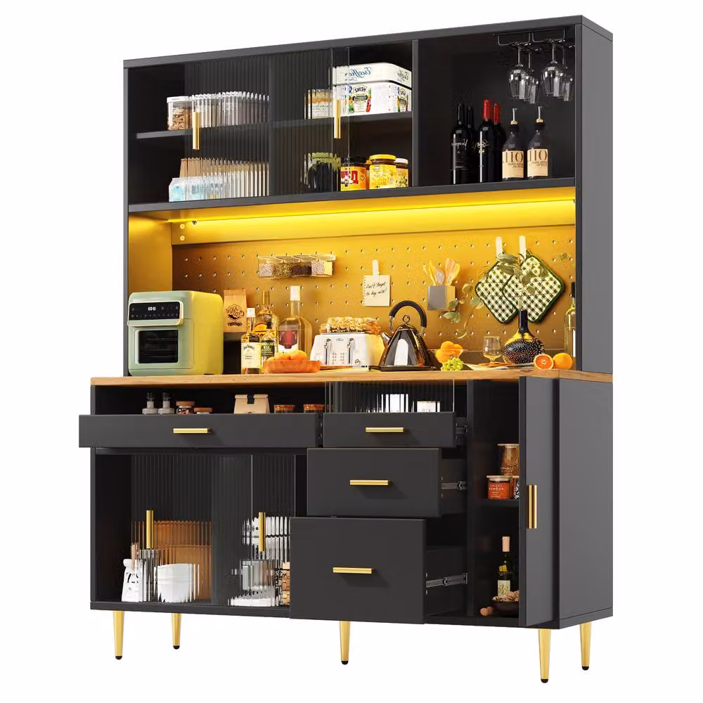 Rolipo Black Matt Highboard Cabinet with Smart LED Lighting, Sliding Glass Doors and Bottle Rack – 5