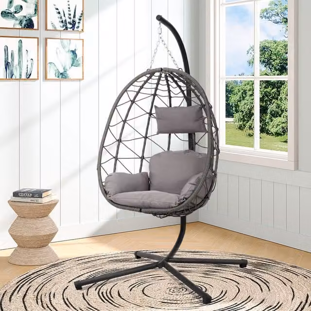 Breeins Rattan Outdoor Hanging Chair with Stand and Cushion in Black and Grey