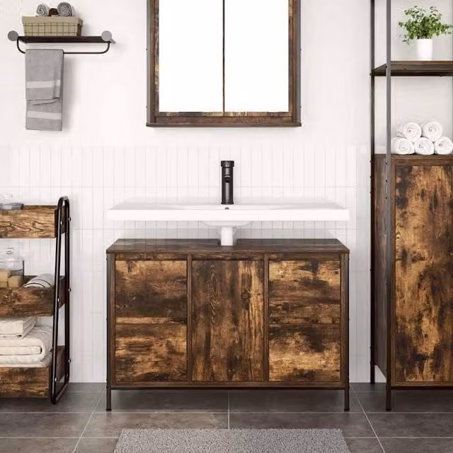 Berkfield Home Decorative Basin Cabinet with Drawers in Smoked Oak Brown, W/D/H: 90 x 34.5 x 60 cm – 1