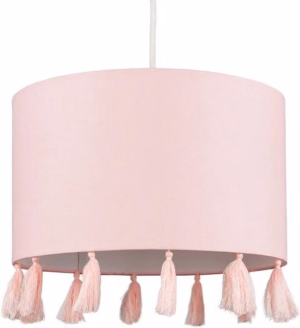 FORGEVIO Modern Cylinder Fabric Ceiling Light Shade with Tassels in Pink, H 30 cm x W 24 cm