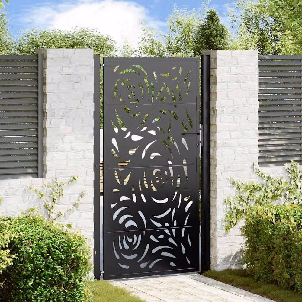Berkfield Home Single Garden Gate in Black Steel with Flame Design, W: 105 cm, H: 180 cm – 2