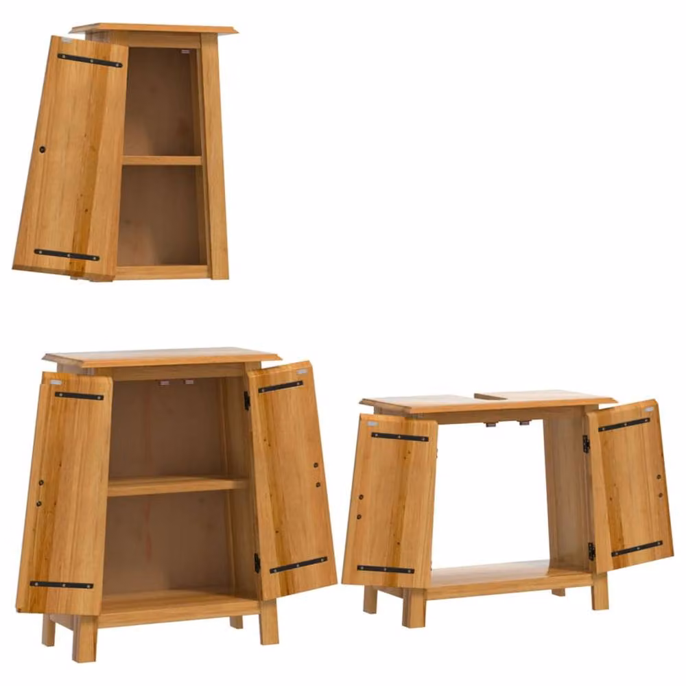 Berkfield Home 3 Piece Rustic Brown Solid Wood Pine Bathroom Furniture Set – 2
