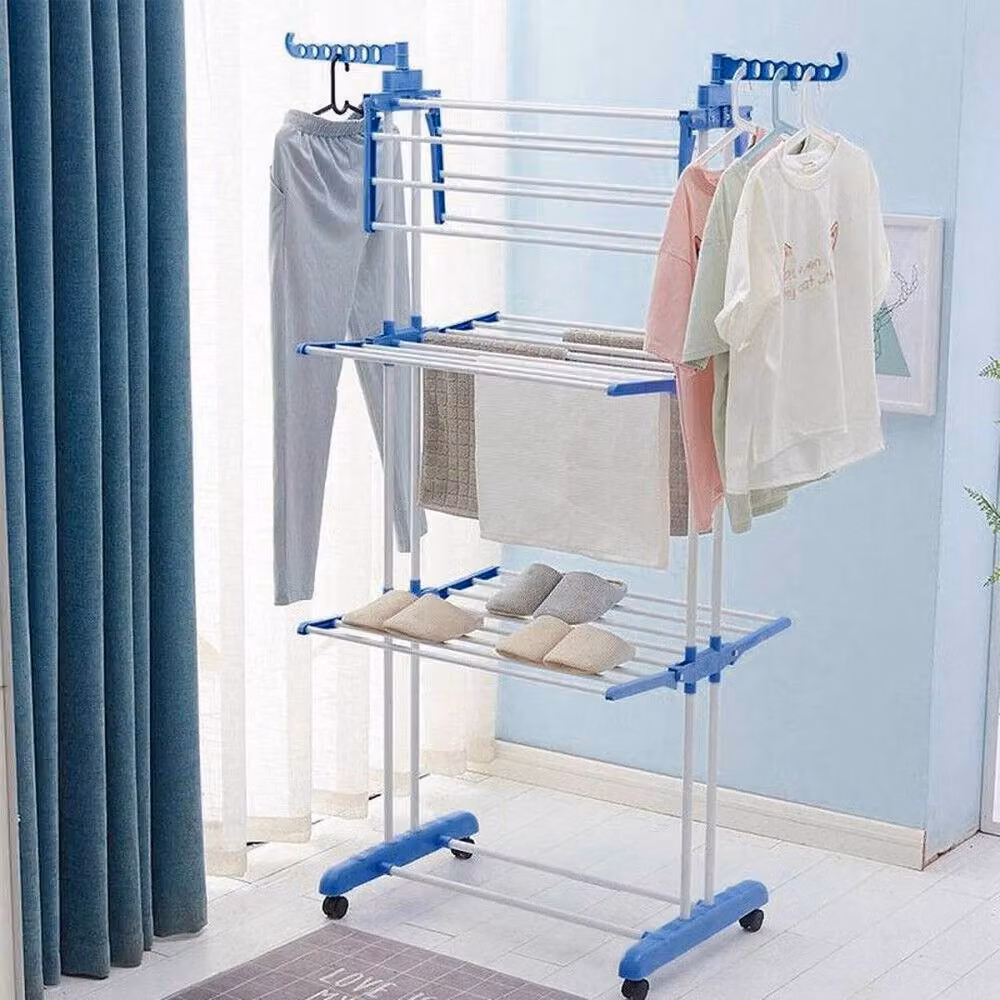 EONLION 3-Tier Foldable Metal Clothes Airer, Blue, W/D/H: 147 x 100 x 15 cm – 2