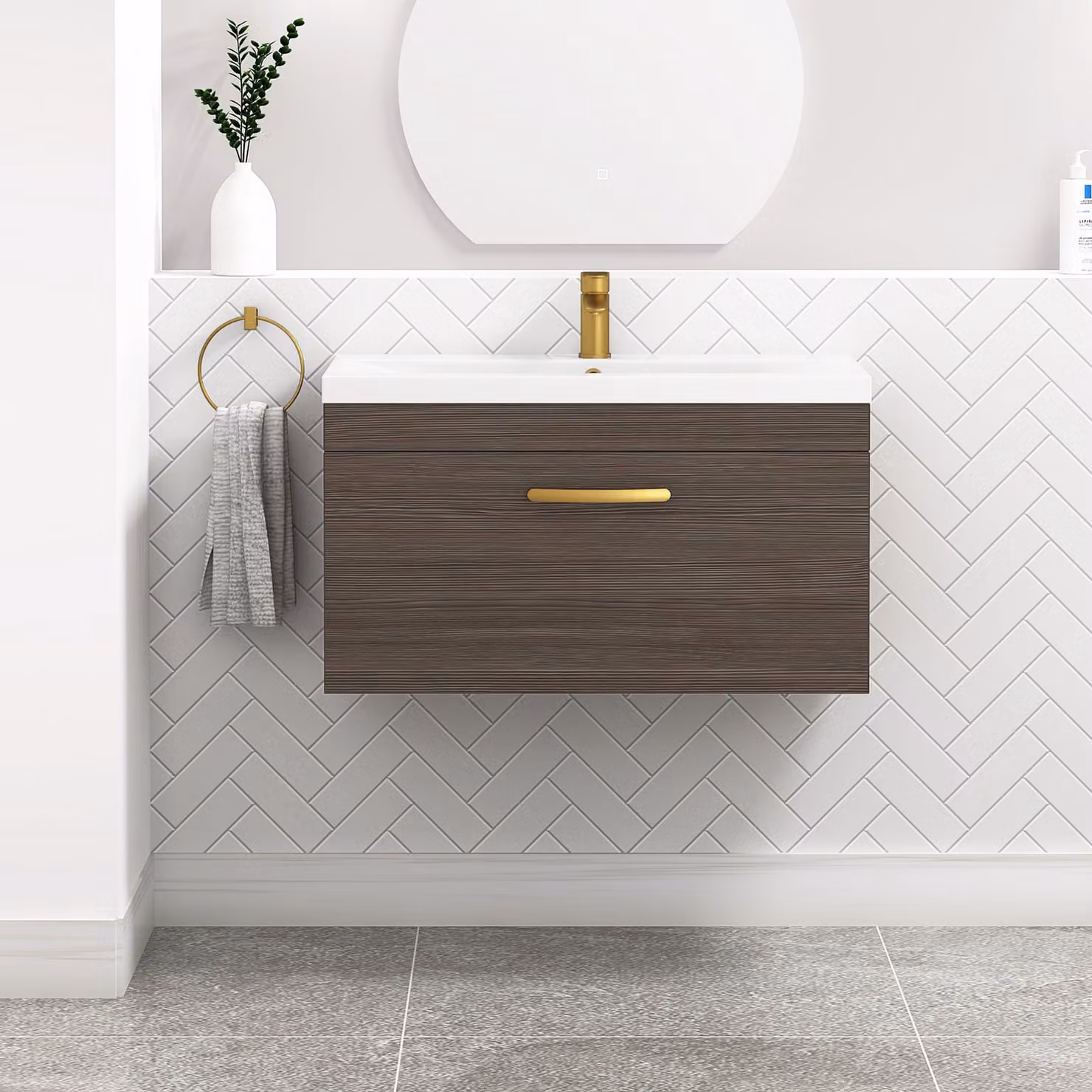 Royal Bathrooms Turin 800mm Wall Hung Vanity Sink Unit with 1 Drawer in Grey Elm and Mid-Edge Basin with Brushed Brass Handle