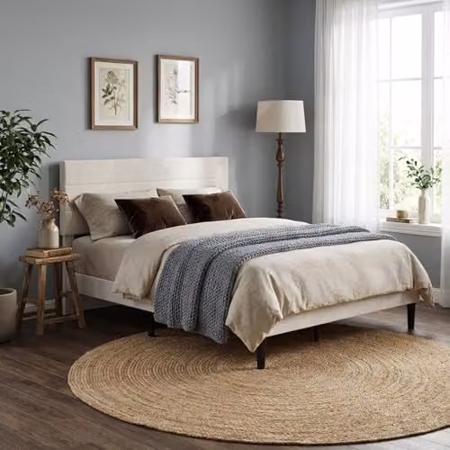 Levede King Size Bed Frame with Adjustable Upholstered Headboard in Beige Velvet Fabric, W/D/H: 135 x 190 x 113 cm – 3