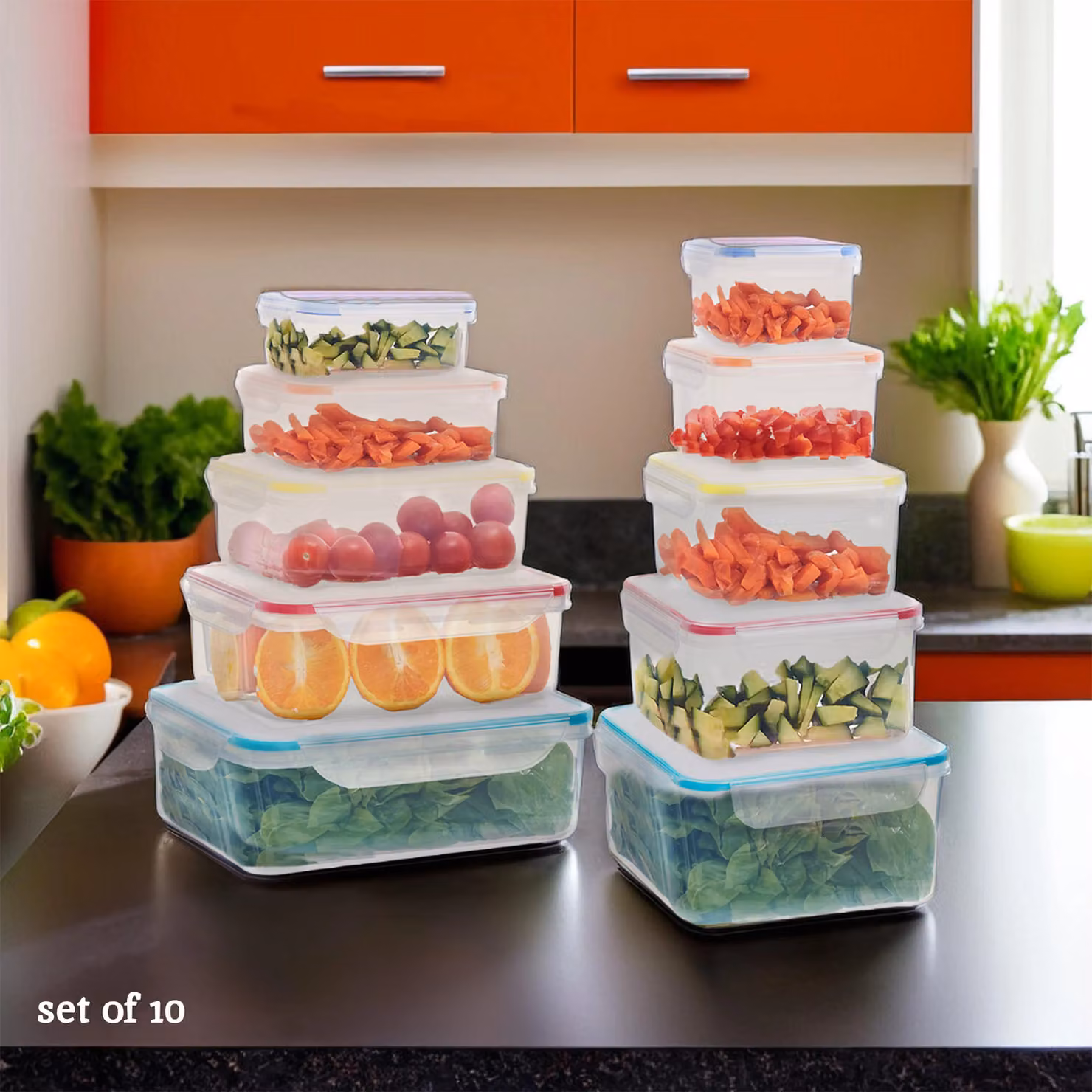 Premier Housewares Set of 10 Airtight and Leakproof Plastic Food Storage Containers, Stackable, Transparent and Multicolour – 4