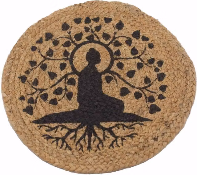 KDMK Round Rustic Brown Jute Place Mat with Graphic Bodhi Tree Print