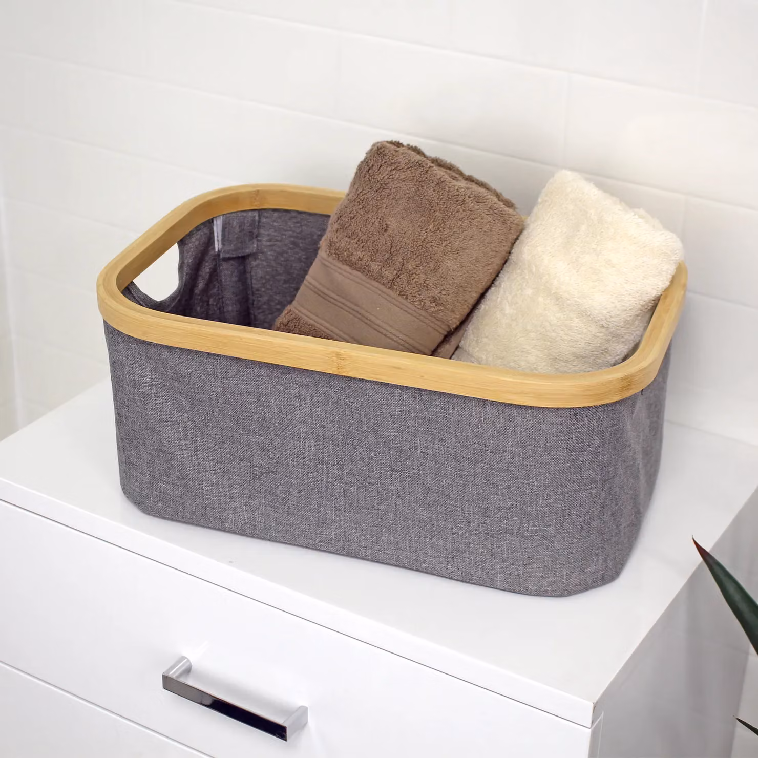 Showerdrape Cotswold Grey Bamboo and Fabric Storage Basket Organiser, H 16 cm x W 38 cm x D 26 cm – 2