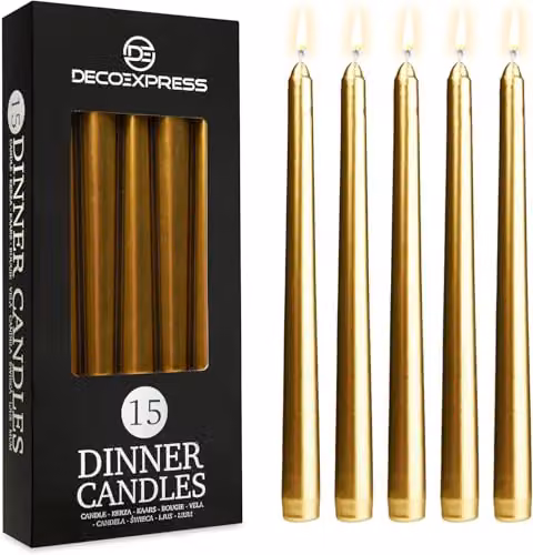 Deco Express Unscented Classic Dripless Tapered Metallic Dinner Candles in Gold, 15 Pack