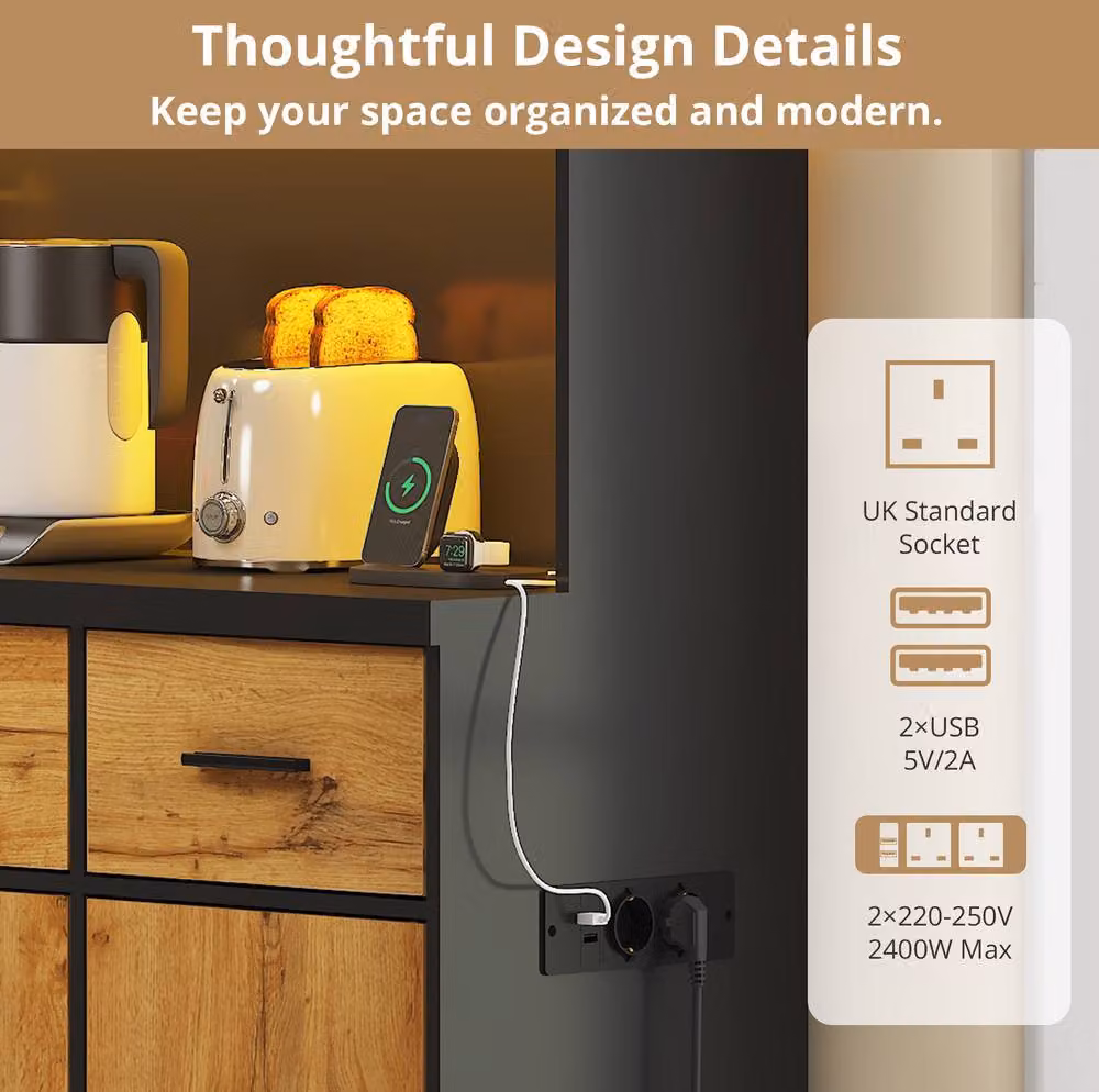 STILVORA Modern Kitchen Cabinet in Natural, featuring 3 Drawers, Integrated LED Lighting and USB, Width: 180 cm – 6