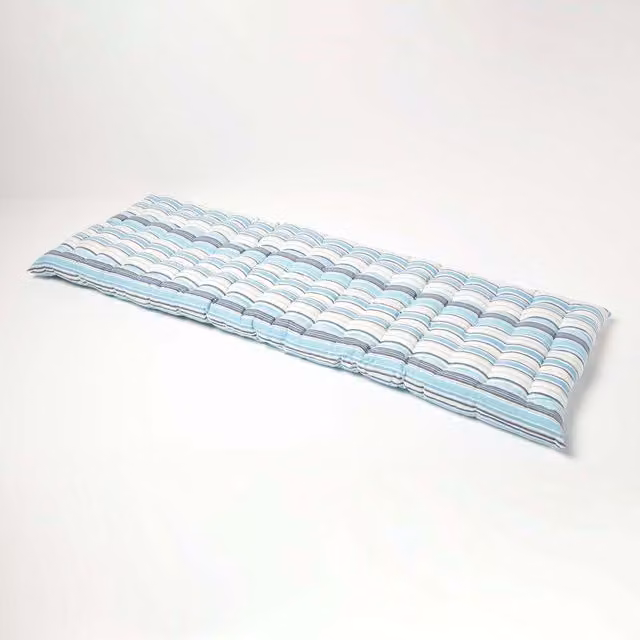 Homescapes Luxury Cotton Garden Bench Cushion in New England Blue Stripe, Width: 143 cm