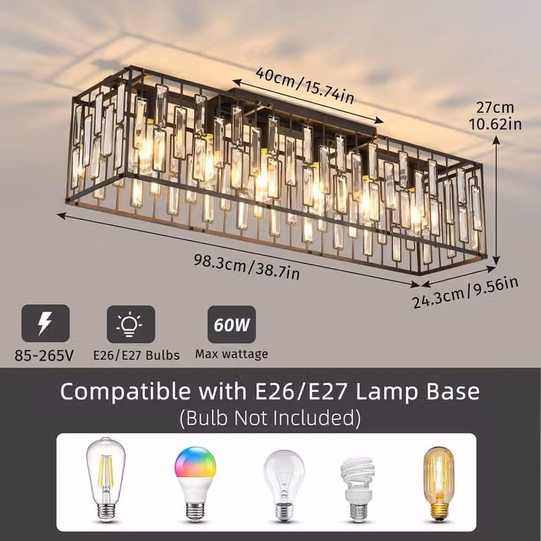 Garwarm Set of 2 Modern Rectangular Crystal Ceiling Chandeliers in Black or Gold/Brass with Transparent Crystal