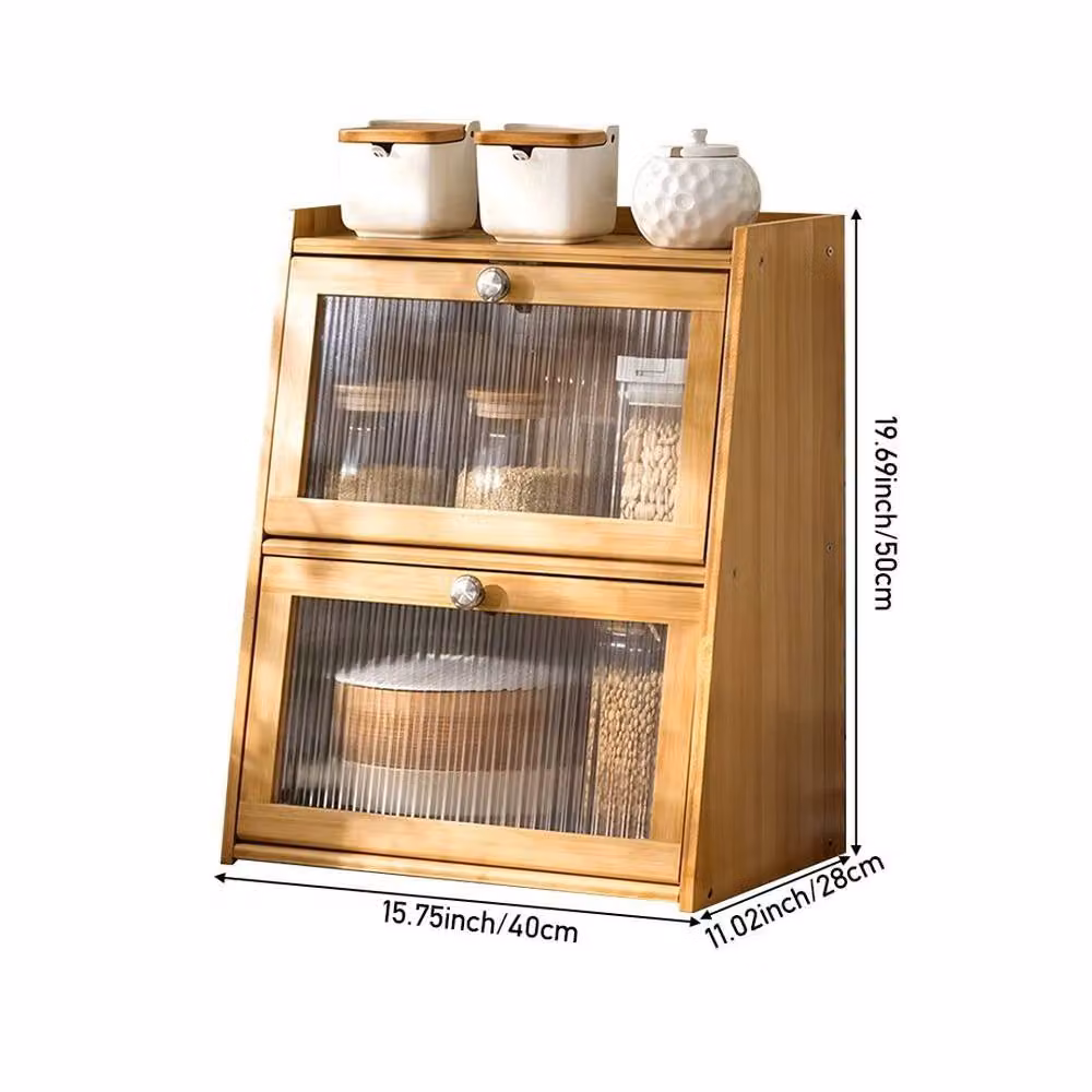 Kelvenix 3 Tier Bamboo Bread Storage Cabinet with Glass Doors in Sand and Brown – 2