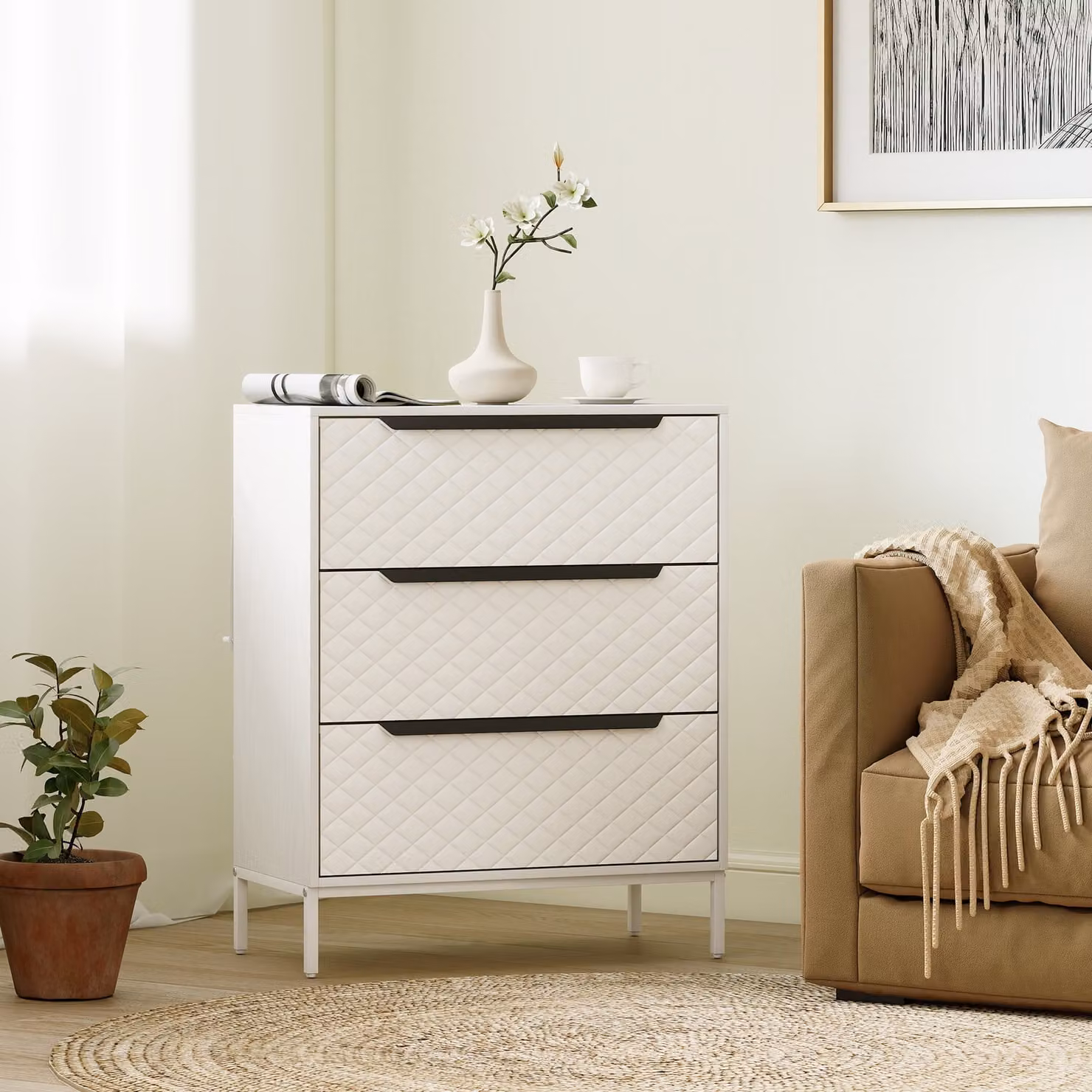 HOMCOM White Modern Chest of Drawers with 3 Fabric Drawers and Aluminium Handles – 2