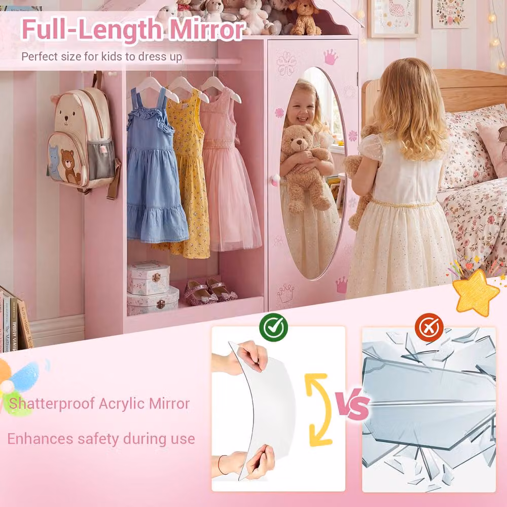 Gymax Pink Childrens Roofed Dress Up Closet with Mirror and Hanging Rack – 4