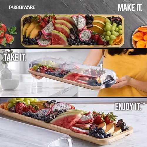 Farberware Build-a-Board Long Bamboo Serving Board with Locking Lid, Brown, W: 56 cm, D: 17.5 cm – 5