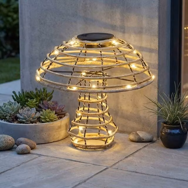 Garden Greatness Lunaria Rattan Solar Mushroom Light in Multicolour