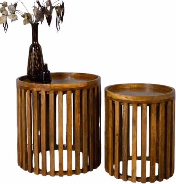 Elm Home And Garden Set of Two Round Mango Wood Nest of Tables in Dark Brown