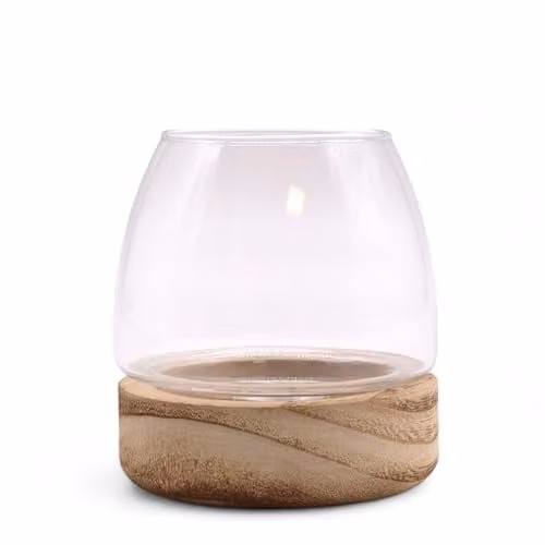 Ancient Wisdom Mini Glass Terrarium on Brown Natural Tung Wood, W/D/H: 10 x 10 x 10 cm