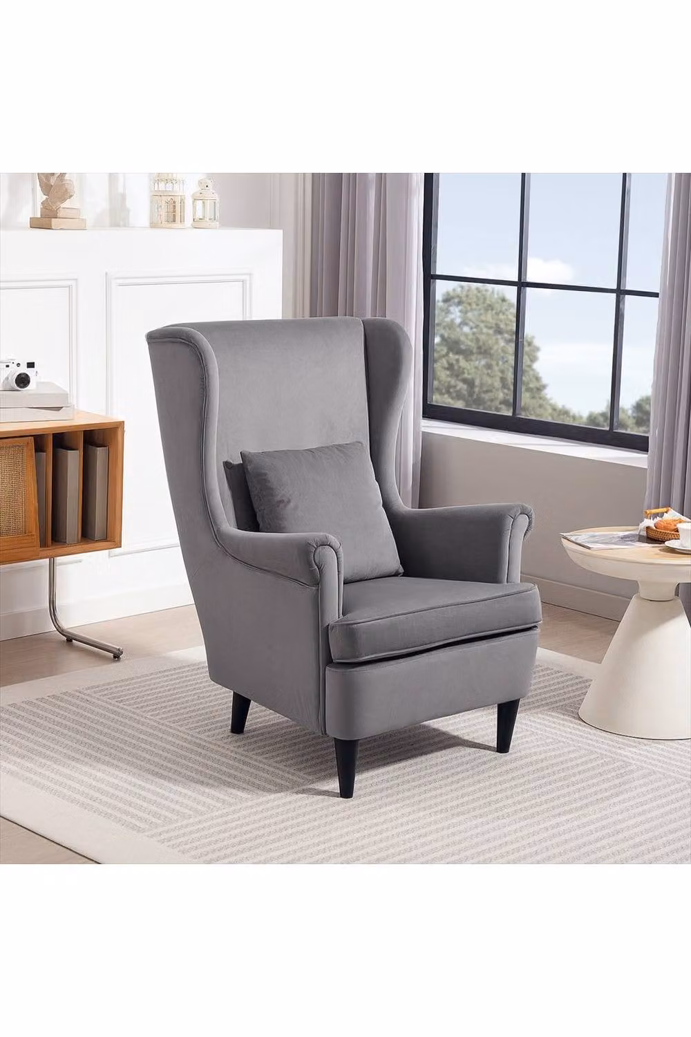 ERGOVEXA Modern Grey Velvet Accent Chair with High Backrest, Armrests and Integrated Pillow – 2