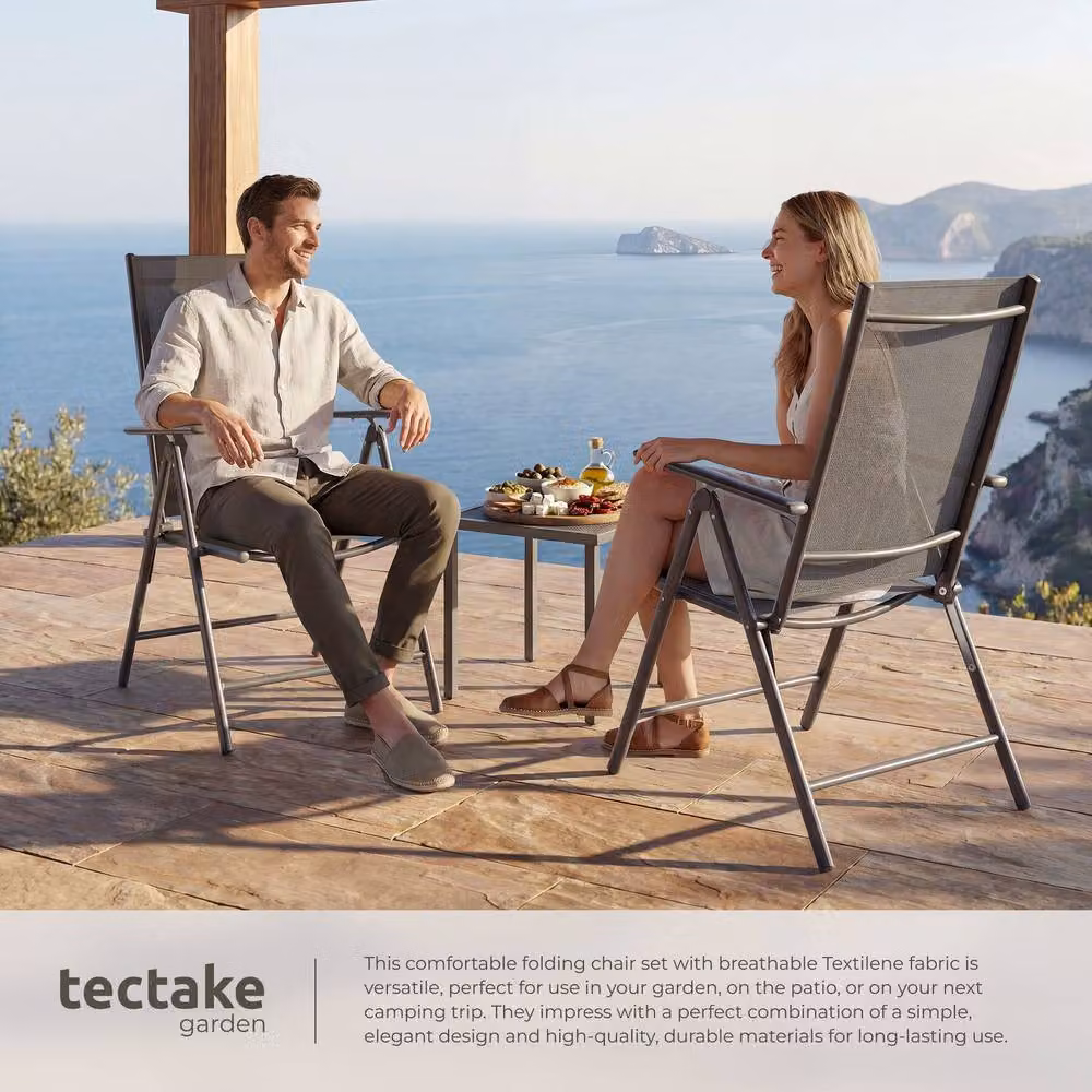 tectake XL Folding Garden Chairs with Adjustable Backrests and Armrests in Dark Grey Mesh Fabric – 4