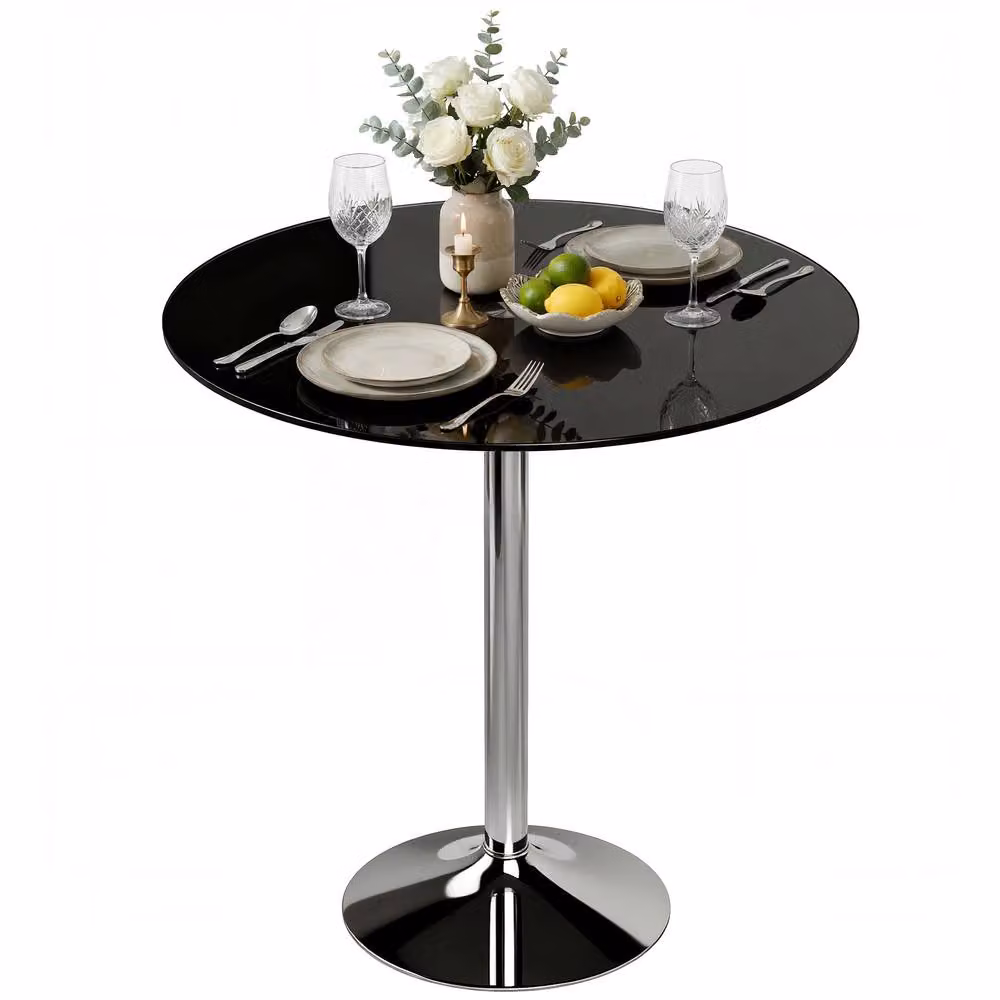 STILVORA Modern Round Dining Table for 4 with Black Glossy Tempered Glass Top and Metal Frame, W/D/H: 120 x 120 x 75.5 cm – 2