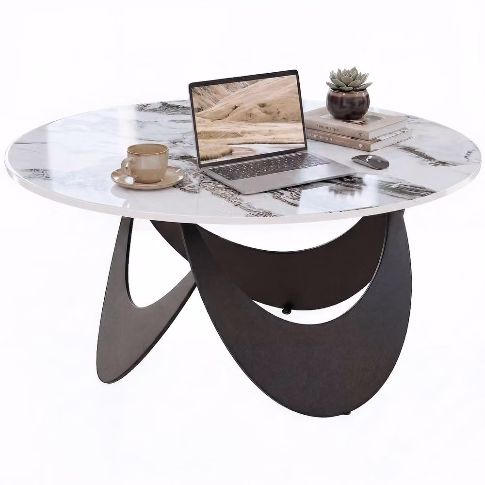 HOMCOM Modern Round Coffee Table with Sintered Stone Top in White and Black, W/D/H: 80 x 80 x 40 cm – 2