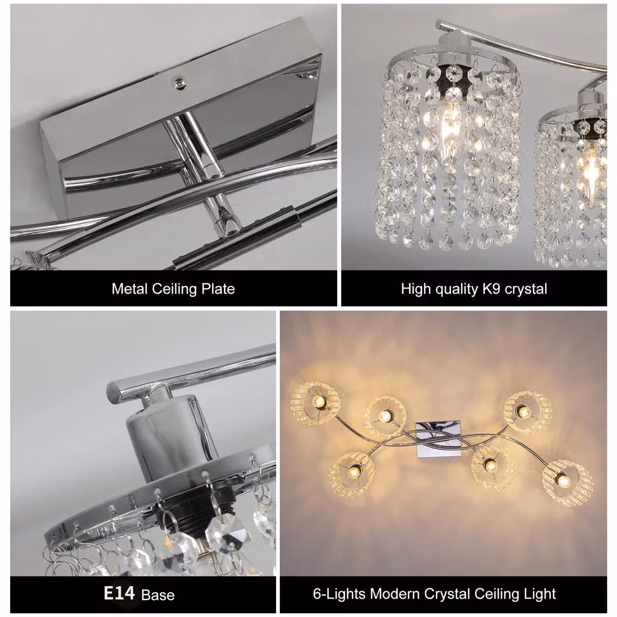 Garwarm 6-Light Dimmable Crystal Flush Mount Ceiling Light in Chrome and Transparent, Diameter: 89 cm – 2