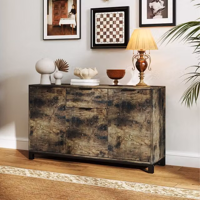 HOMCOM Industrial Sideboard Storage Cabinet with Adjustable Shelves in Brown and Black