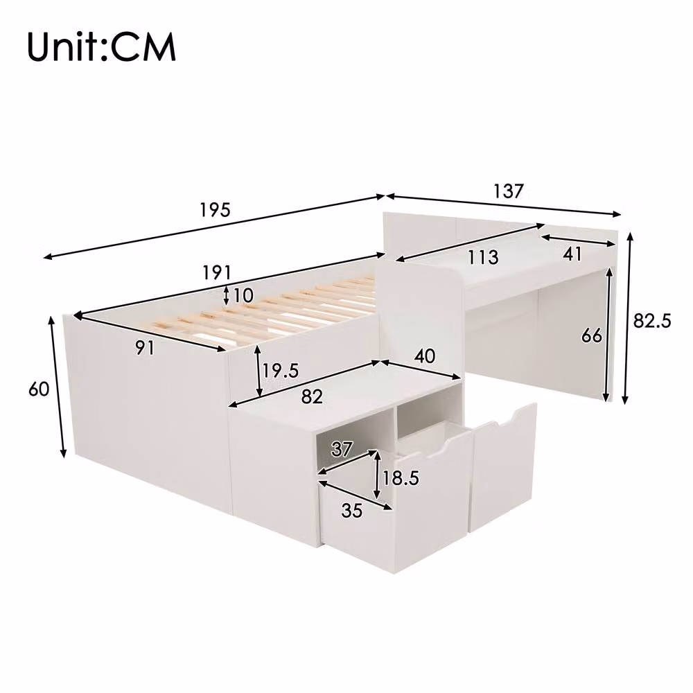Rolipo Kids Single Bed with Desk and Storage Drawers, White, W/D/H: 90 x 190 cm – 2