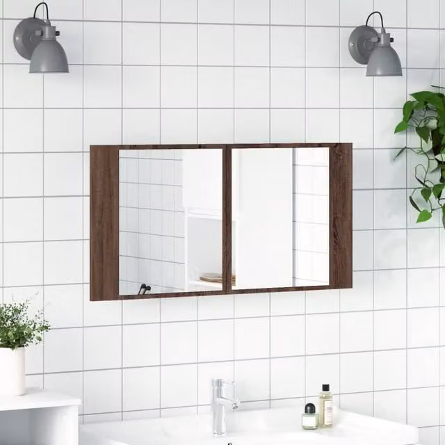 Berkfield Home LED Bathroom Mirror Cabinet in Brown Oak, W/D/H: 90 x 12 x 45 cm